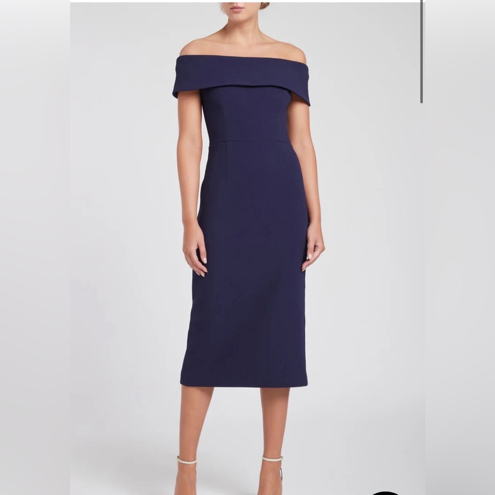 Rebecca Vallance’s AMORE OFF SHOULDER MIDI NAVY